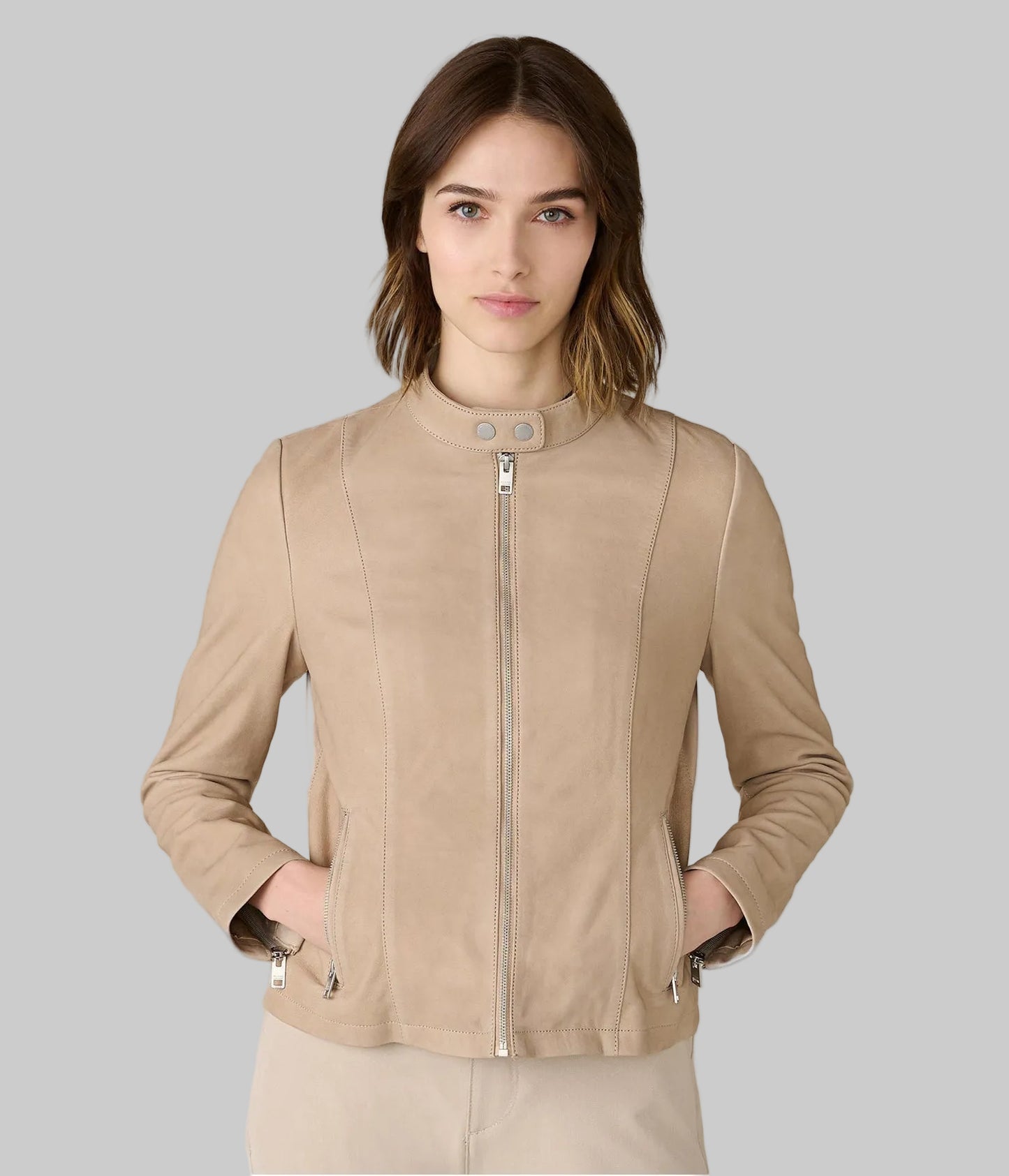 Women’s Beige Leather Moto Jacket – Genuine Leather Biker Style