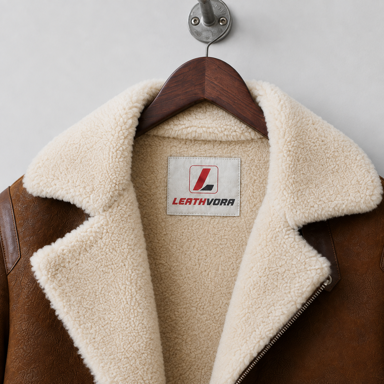 Close-up of off-white plush aviator collar and lining with brown textured exterior and Leathvora inner label