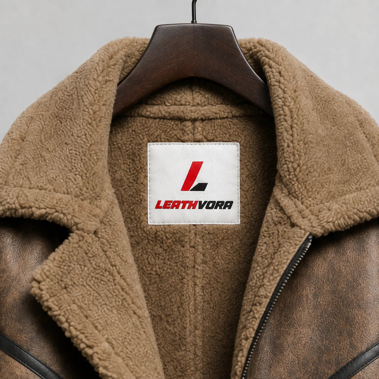 Close-up of brown plush aviator collar and interior lining with Leathvora neck label and distressed outer finish