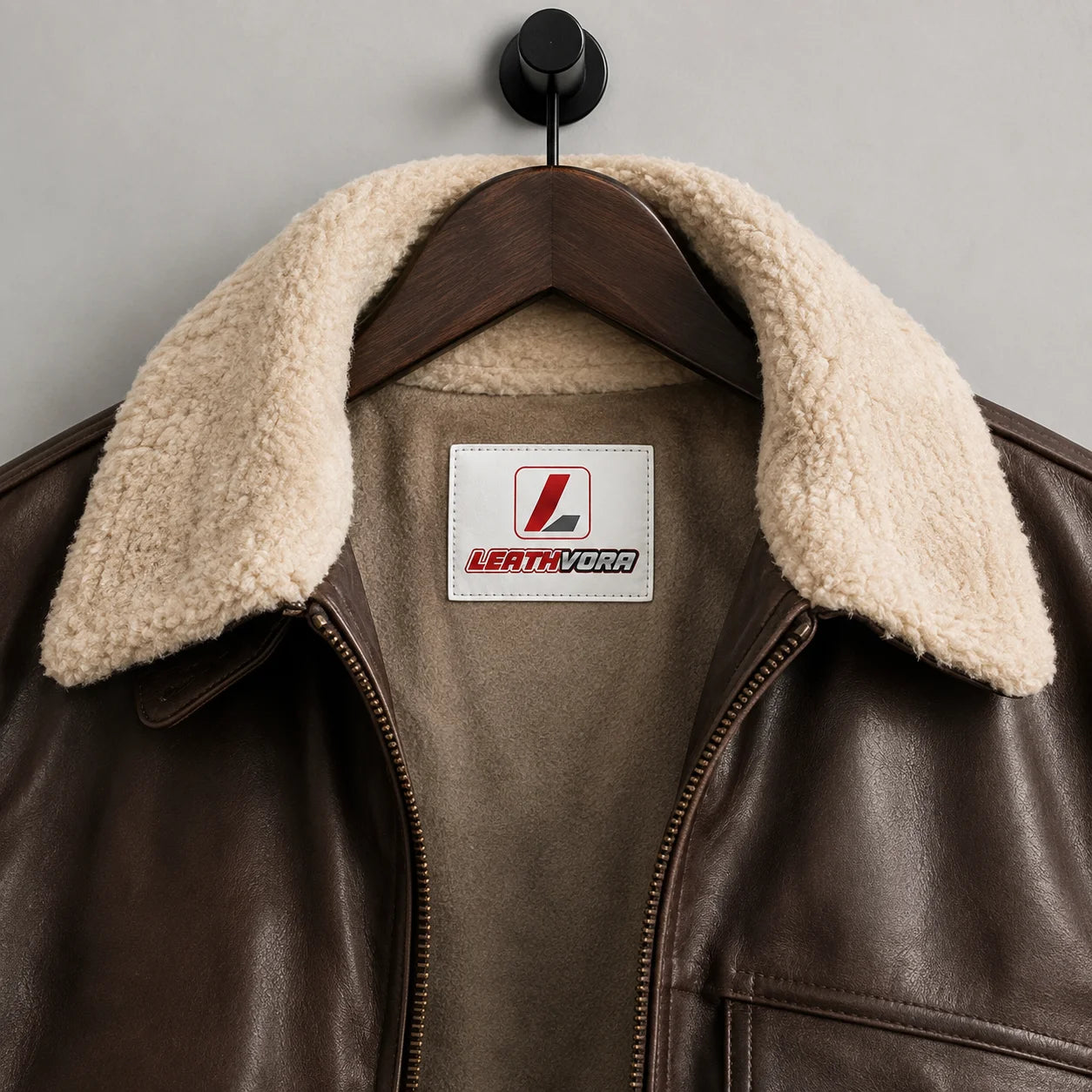 Close-up of cream shearling collar and lining with dark brown leather grain, front zipper and Leathvora neck label.