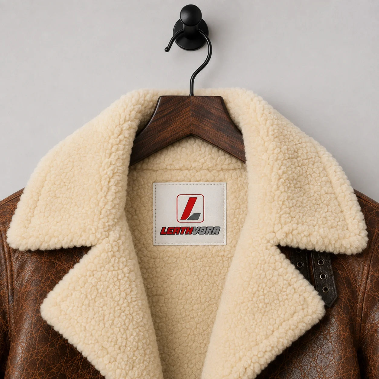 Close-up of cream shearling spread collar and interior with Leathvora neck patch on textured brown leather jacket