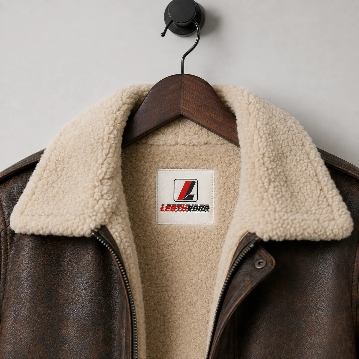 Close-up of cream shearling collar and interior with Leathvora neck label and distressed dark brown leather
