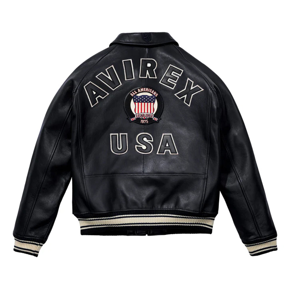 Classic Avirex Jacket – Avirex Varsity Black Leather Jacket with Patch Detail