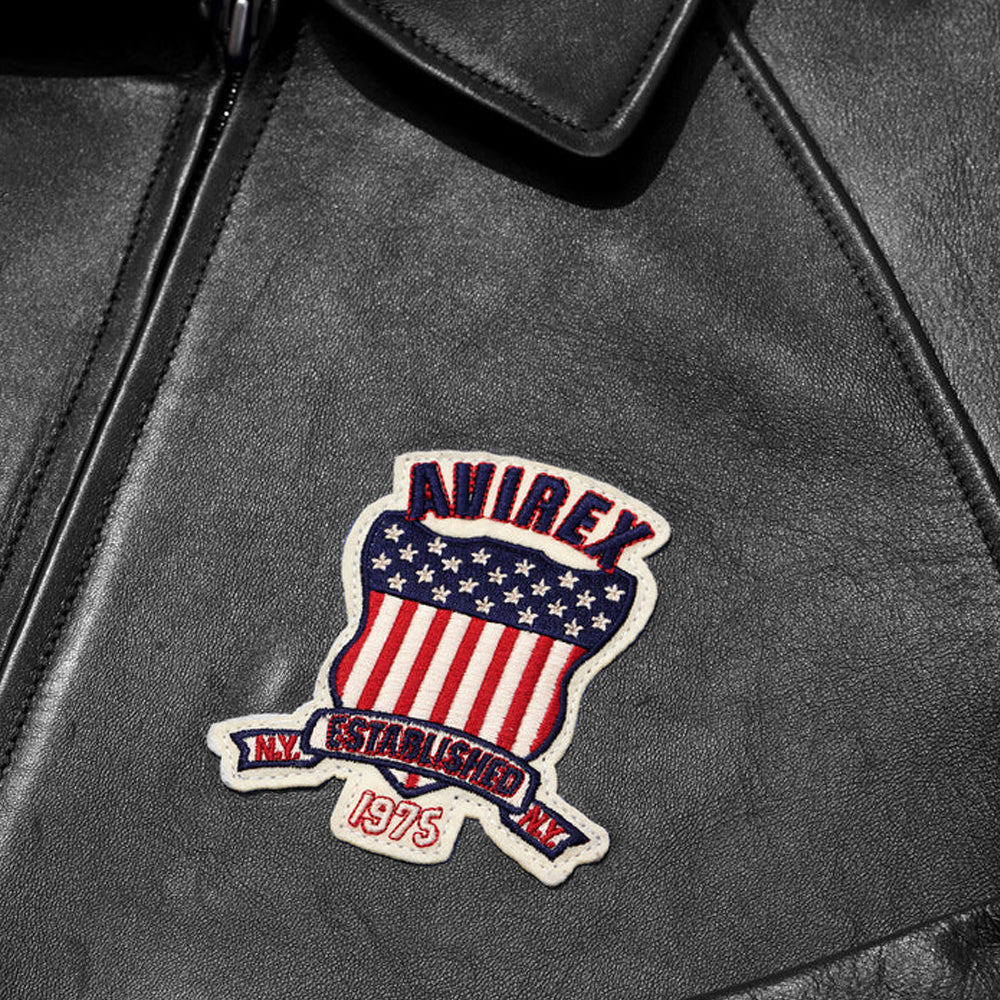 Classic Avirex Jacket – Avirex Varsity Black Leather Jacket with Patch Detail