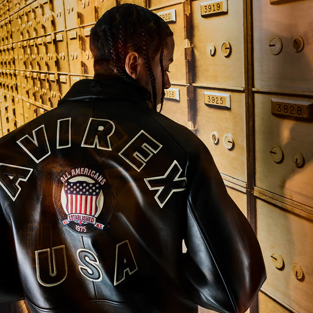 Classic Avirex Jacket – Avirex Varsity Black Leather Jacket with Patch Detail