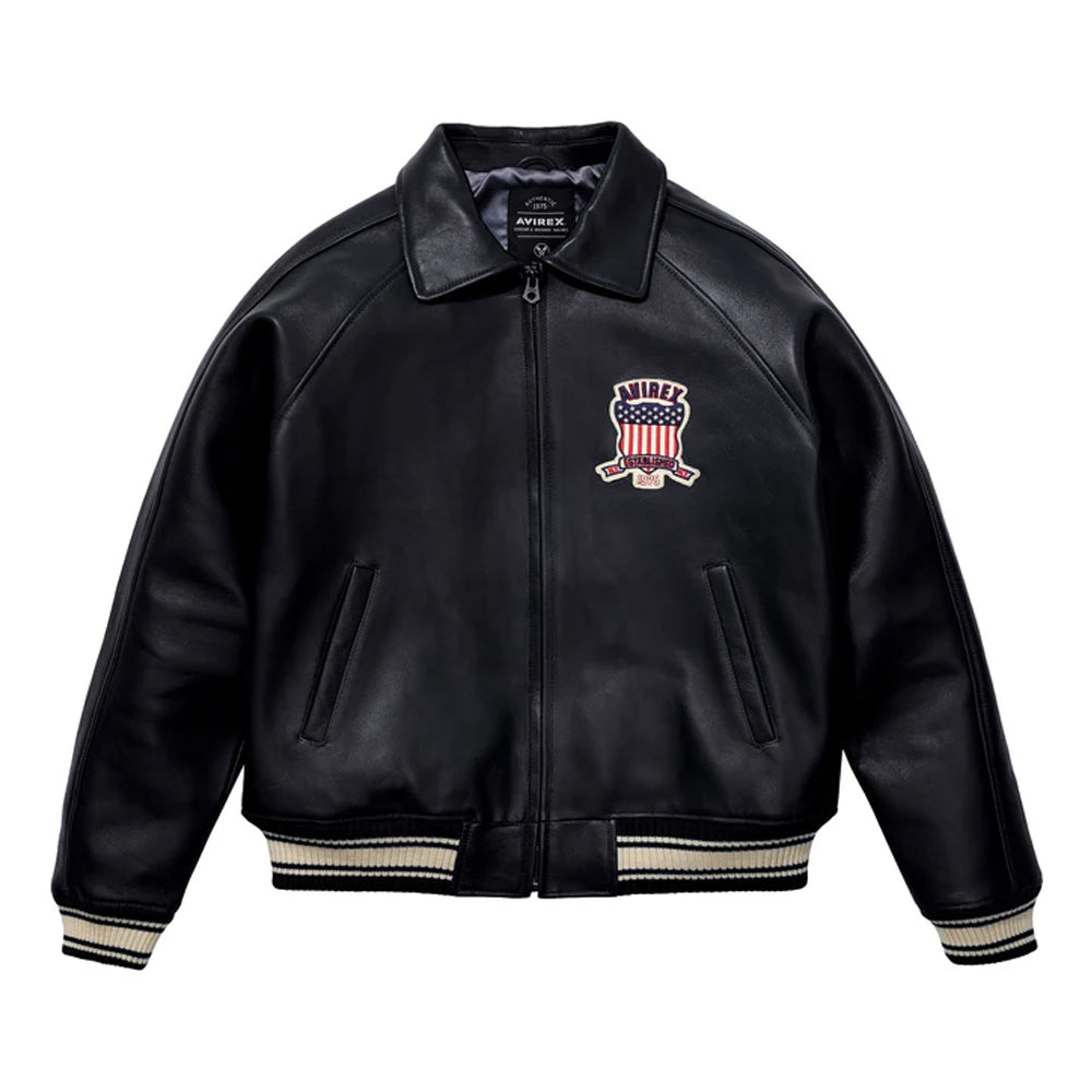 Classic Avirex Jacket – Avirex Varsity Black Leather Jacket with Patch Detail
