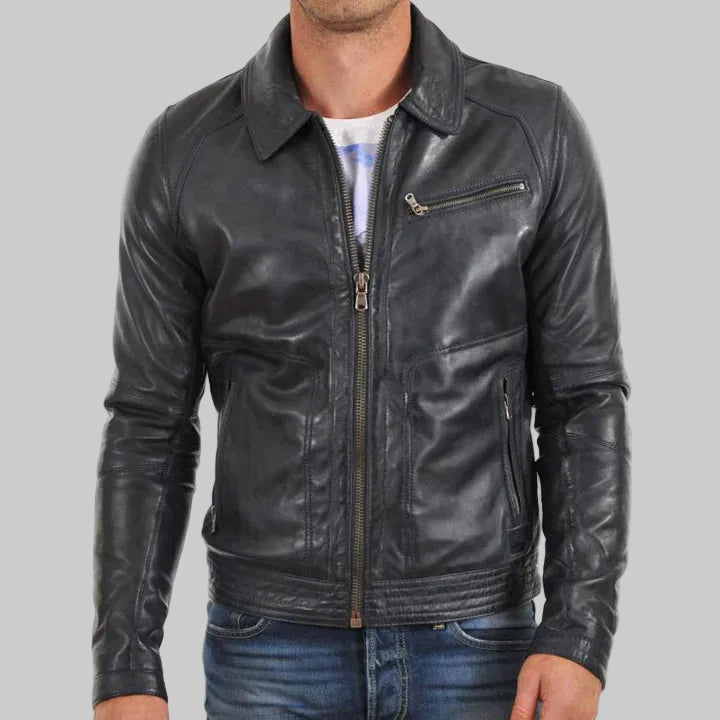 Black Slim Fit Biker Leather Jacket for Men