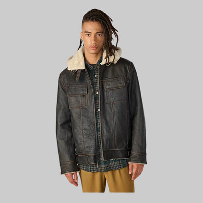 Black Vintage Shearling Leather Jacket for Men with Removable Hood
