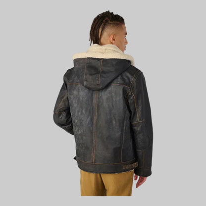 Black Vintage Shearling Leather Jacket for Men with Removable Hood