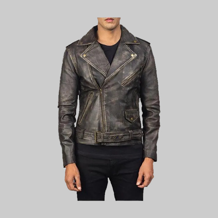 Distressed Brown Leather Biker Jacket for Men – Genuine Leather