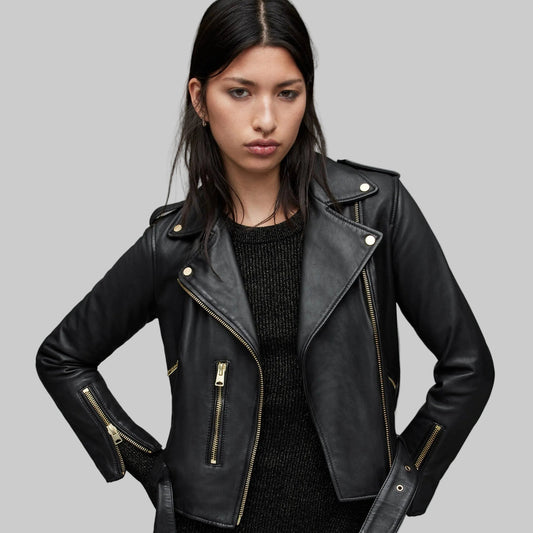 Women’s Black Leather Biker Jacket with Gold Tone Zippers-Leathvora