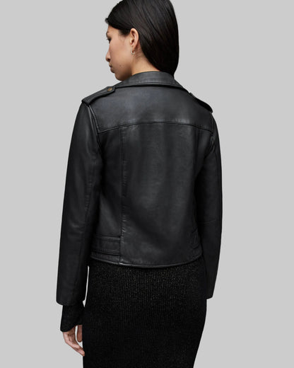 Women’s Black Leather Biker Jacket with Gold Tone Zippers