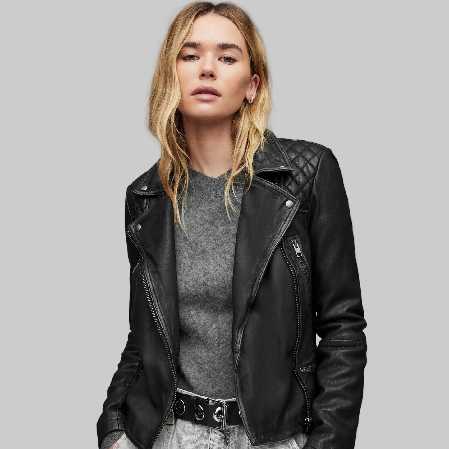 Women’s Black Leather Biker Jacket with Quilted Shoulders
