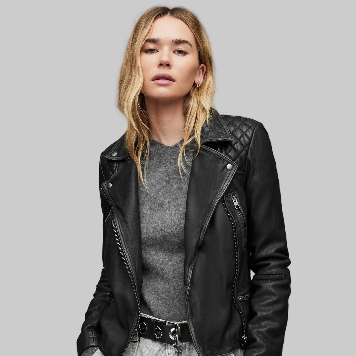 Women’s Black Leather Biker Jacket with Quilted Shoulders