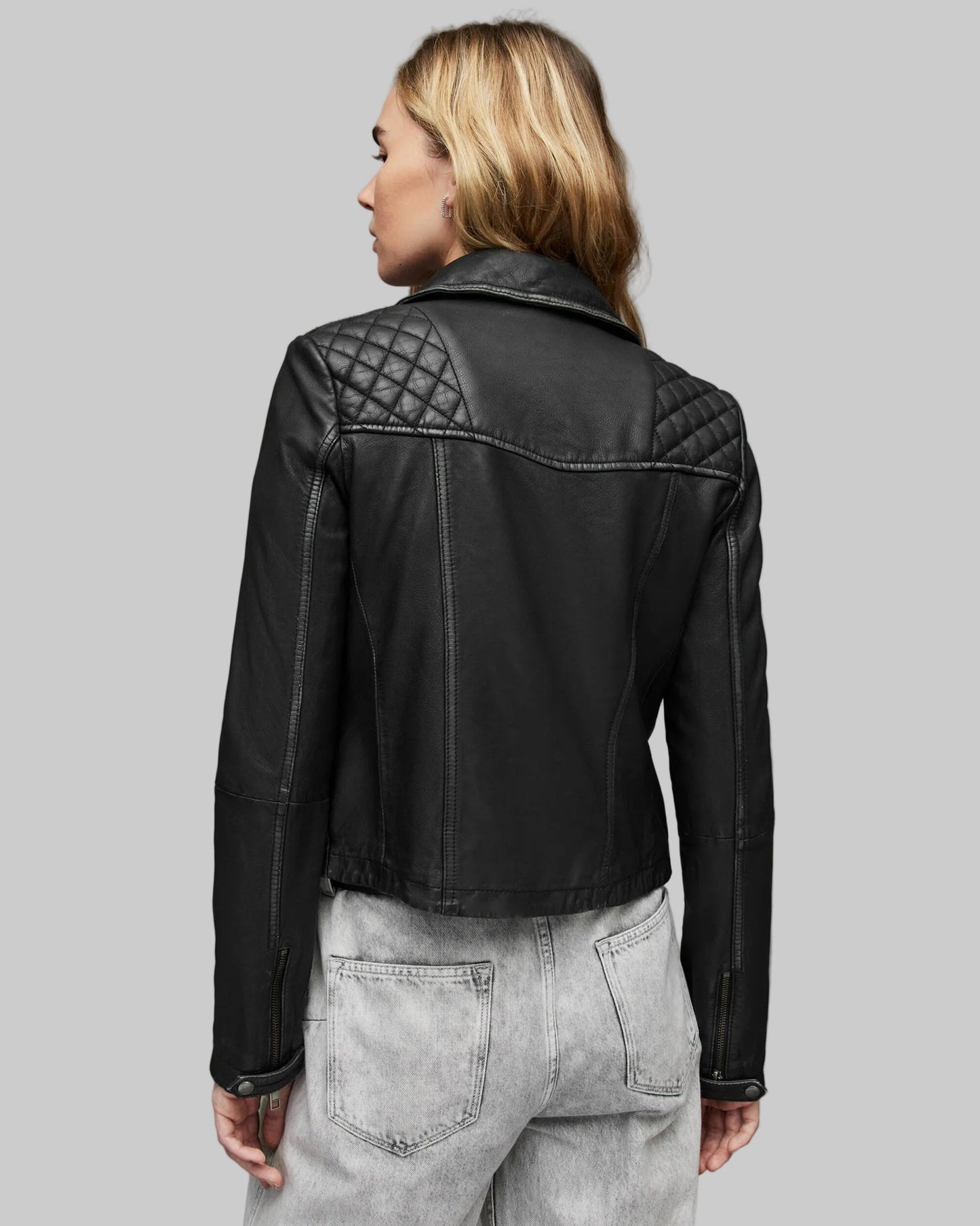 Women’s Black Leather Biker Jacket with Quilted Shoulders