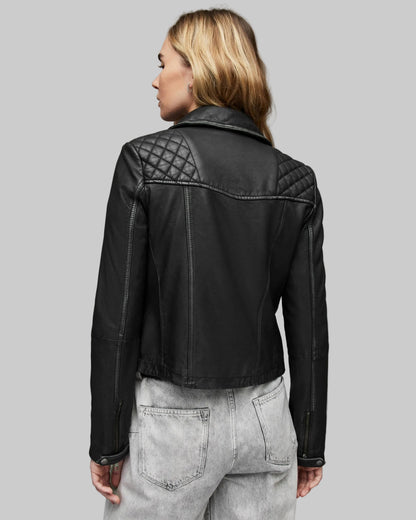 Women’s Black Leather Biker Jacket with Quilted Shoulders