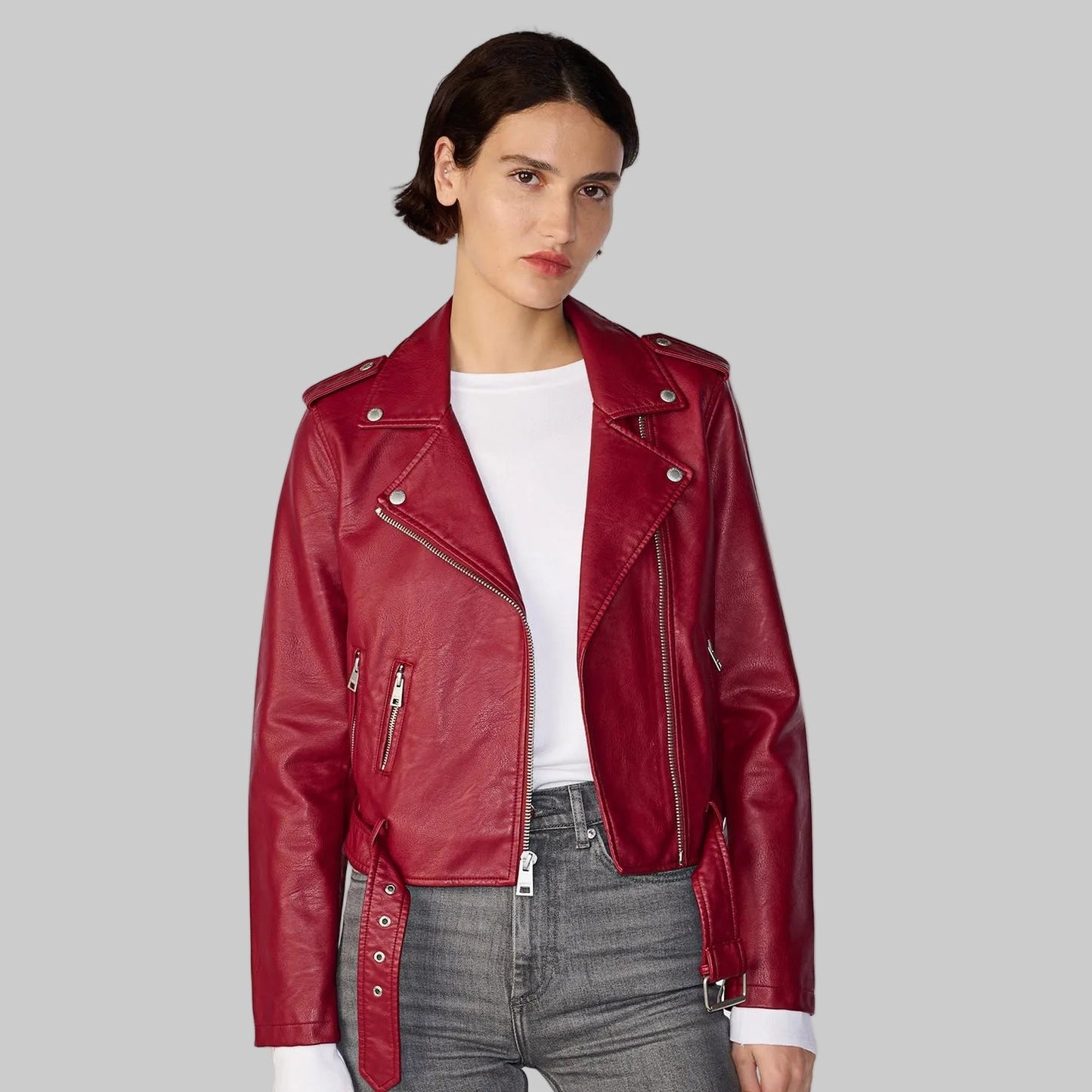 Wine Red Women’s Leather Biker Jacket – Genuine Nappa Leather