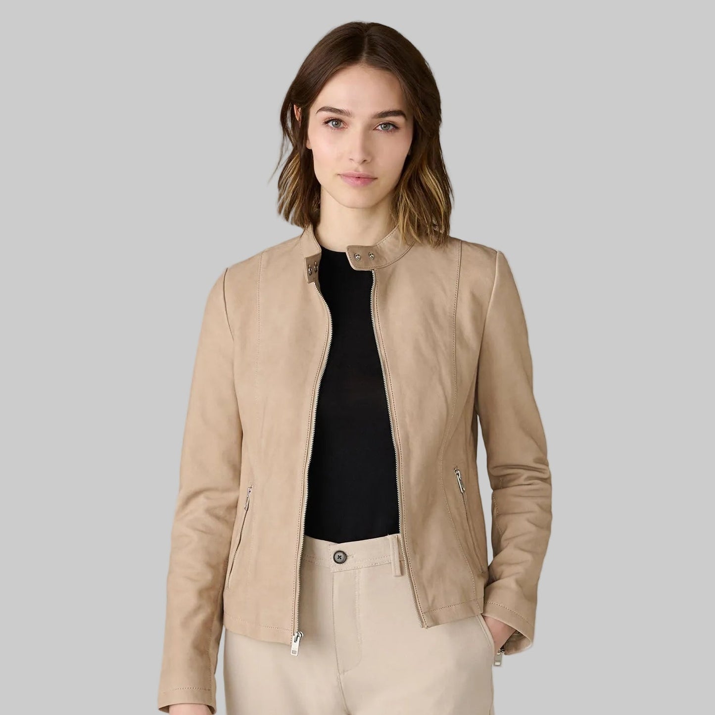 Women’s Beige Leather Moto Jacket – Genuine Leather Biker Style