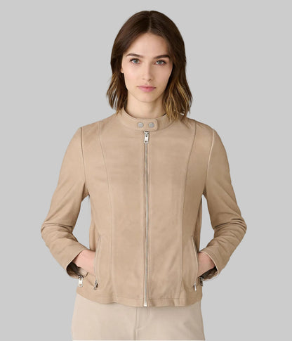 Women’s Beige Leather Moto Jacket – Genuine Leather Biker Style