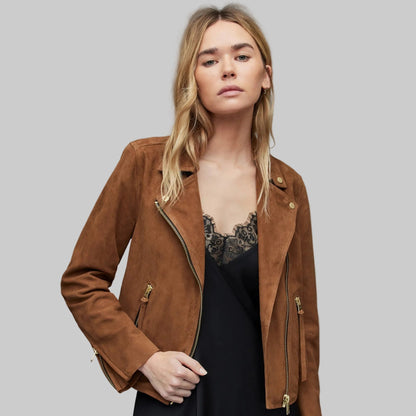 Women’s Tan Brown Suede Leather Biker Jacket – Genuine Suede