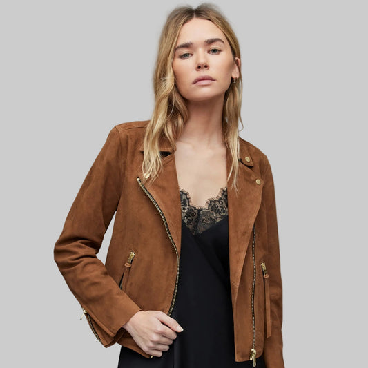 Women’s Tan Brown Suede Leather Biker Jacket – Genuine Suede-Leathvora
