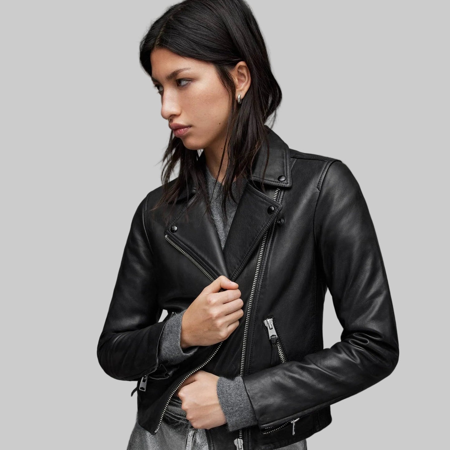 Women’s Black Leather Biker Jacket with Belt