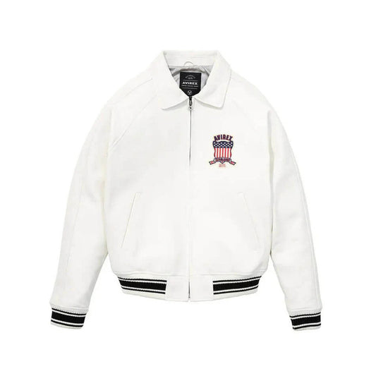 Luxury Iconic White Avirex Leather Bomber Jacket