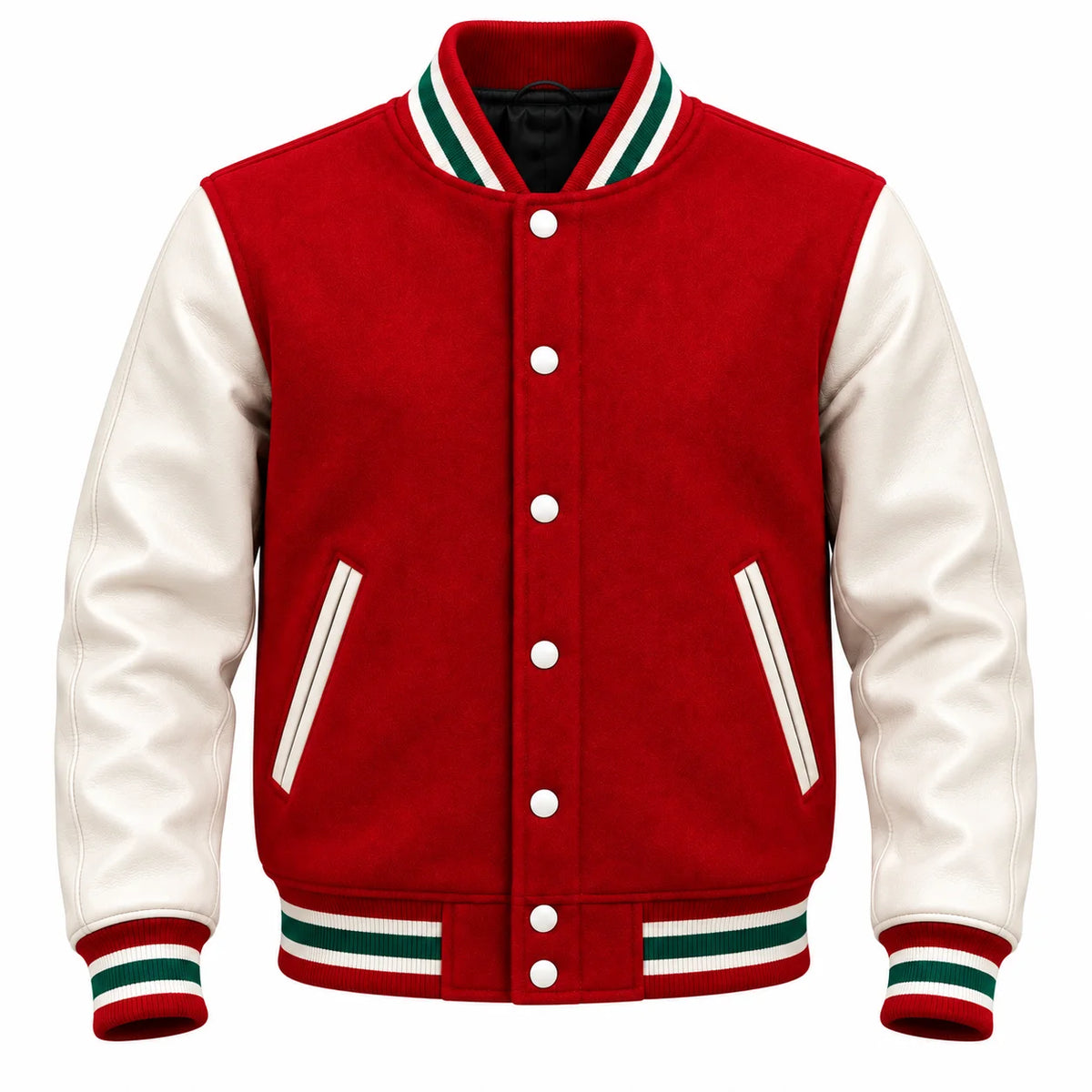 Front view of red and white Christmas varsity jacket with white snap buttons, angled pockets and green-striped rib-knit trim.