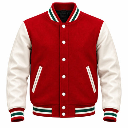 Front view of red and white Christmas varsity jacket with white snap buttons, angled pockets and green-striped rib-knit trim.