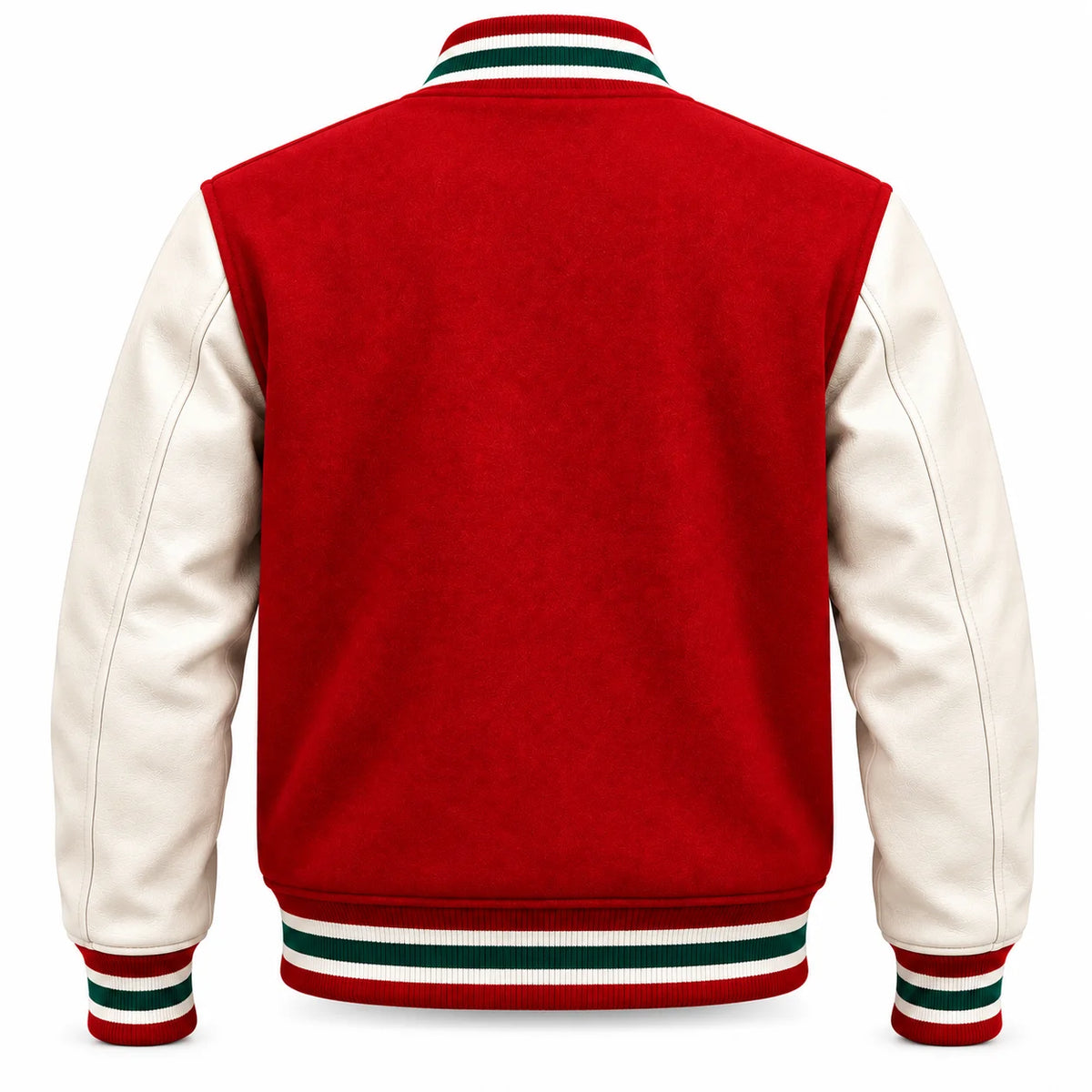 Back view of red letterman jacket showing a plain red rear panel, off-white sleeves and coordinated green-and-white striped hem.