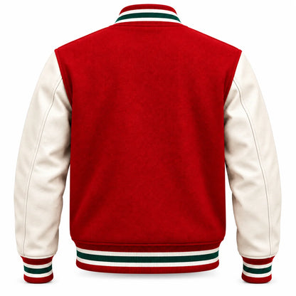 Back view of red letterman jacket showing a plain red rear panel, off-white sleeves and coordinated green-and-white striped hem.