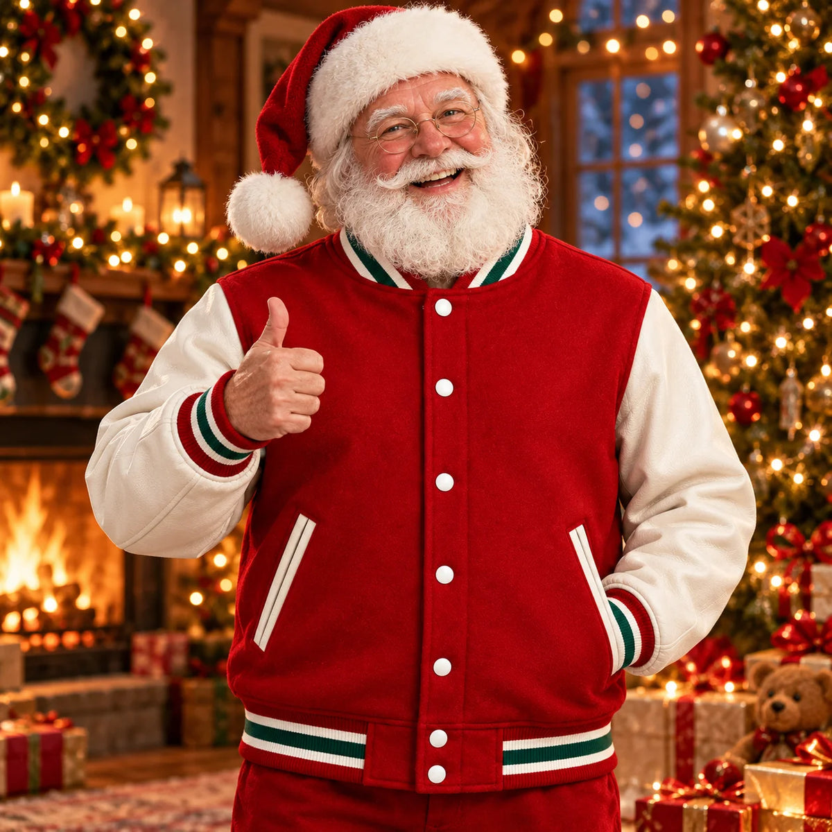 Santa-styled model wearing a plain red and white Christmas varsity jacket with green-striped cuffs beside a decorated Christmas tree.