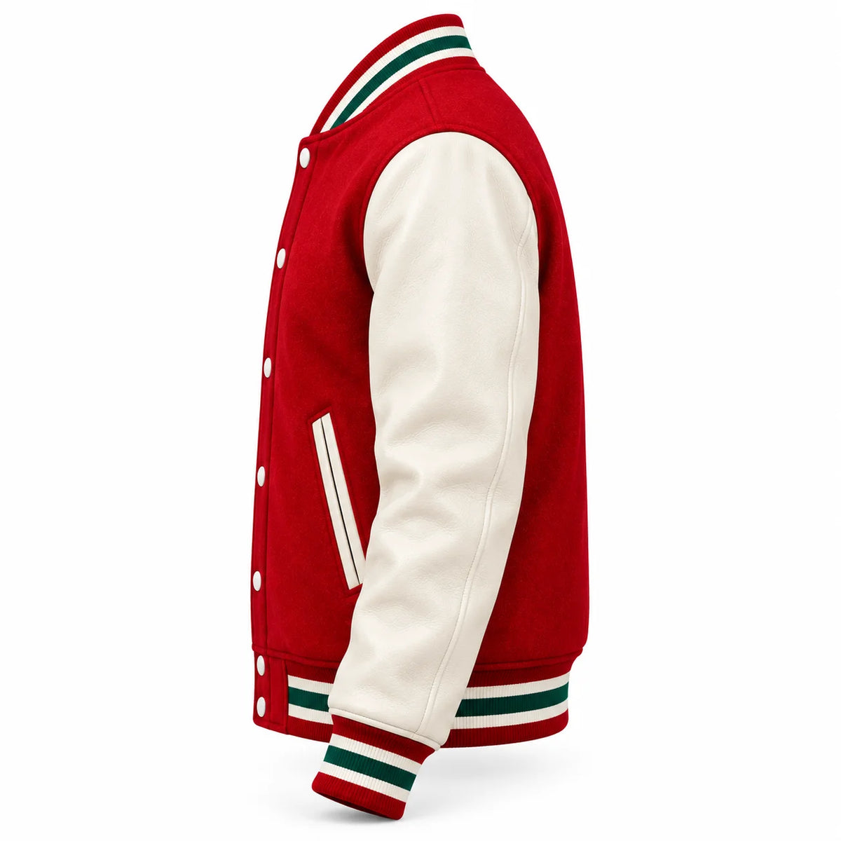 Side profile of red varsity bomber with off-white leather-look sleeve, angled front pocket and striped collar, cuff and waistband.