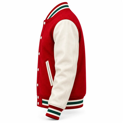 Side profile of red varsity bomber with off-white leather-look sleeve, angled front pocket and striped collar, cuff and waistband.
