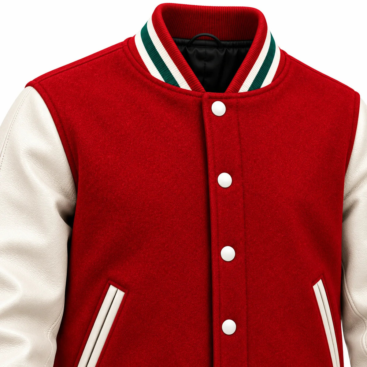 Close-up of red varsity jacket highlighting white snap buttons, textured red body, green-striped collar and contrast front pockets.