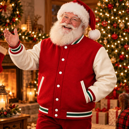Three-quarter lifestyle view of Santa-styled model wearing red varsity bomber with off-white sleeves in a festive Christmas room.
