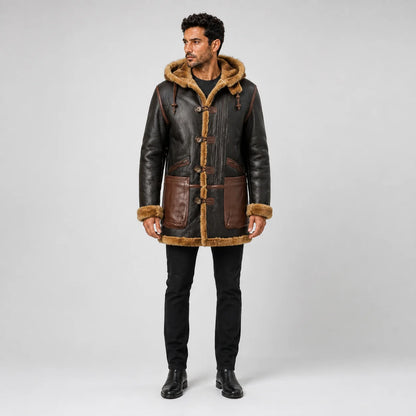 Front view of men’s brown B7 leather flying parka with shearling hood, toggle-style fastening and contrast waist pockets