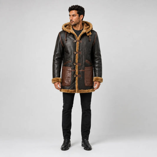 Front view of men’s brown B7 leather flying parka with shearling hood, toggle-style fastening and contrast waist pockets
