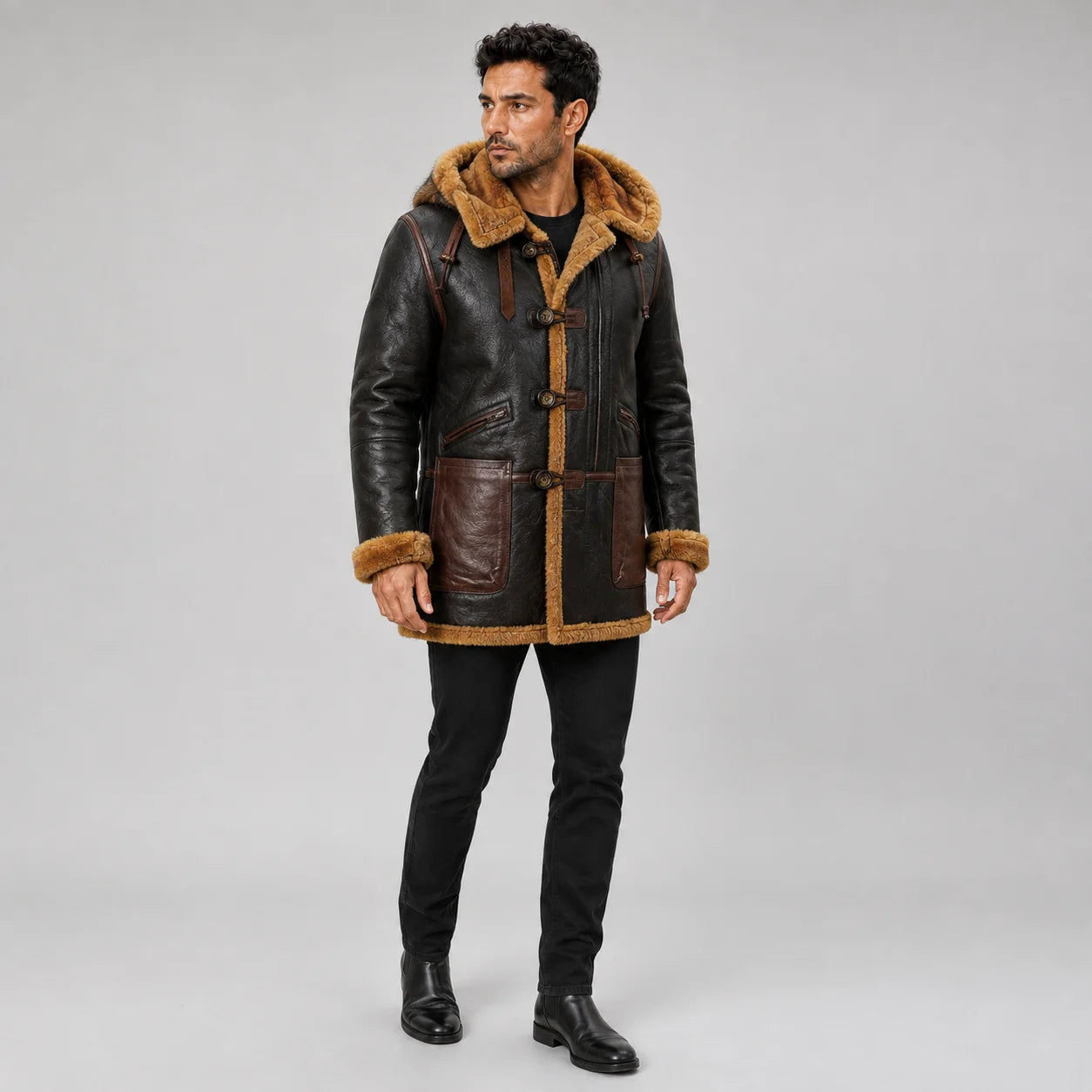 Three-quarter view of men wearing brown B7 flying parka with shearling-lined hood and contrasting leather pockets