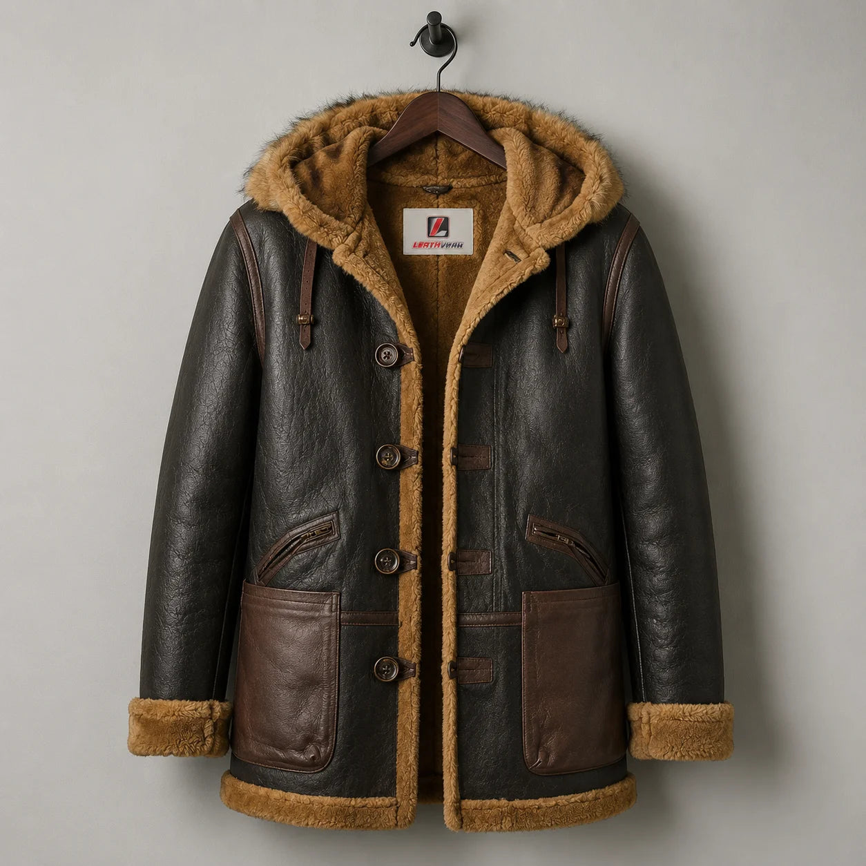 Front product view of brown B7 leather parka on hanger with shearling hood lining, toggle closure and large waist pockets