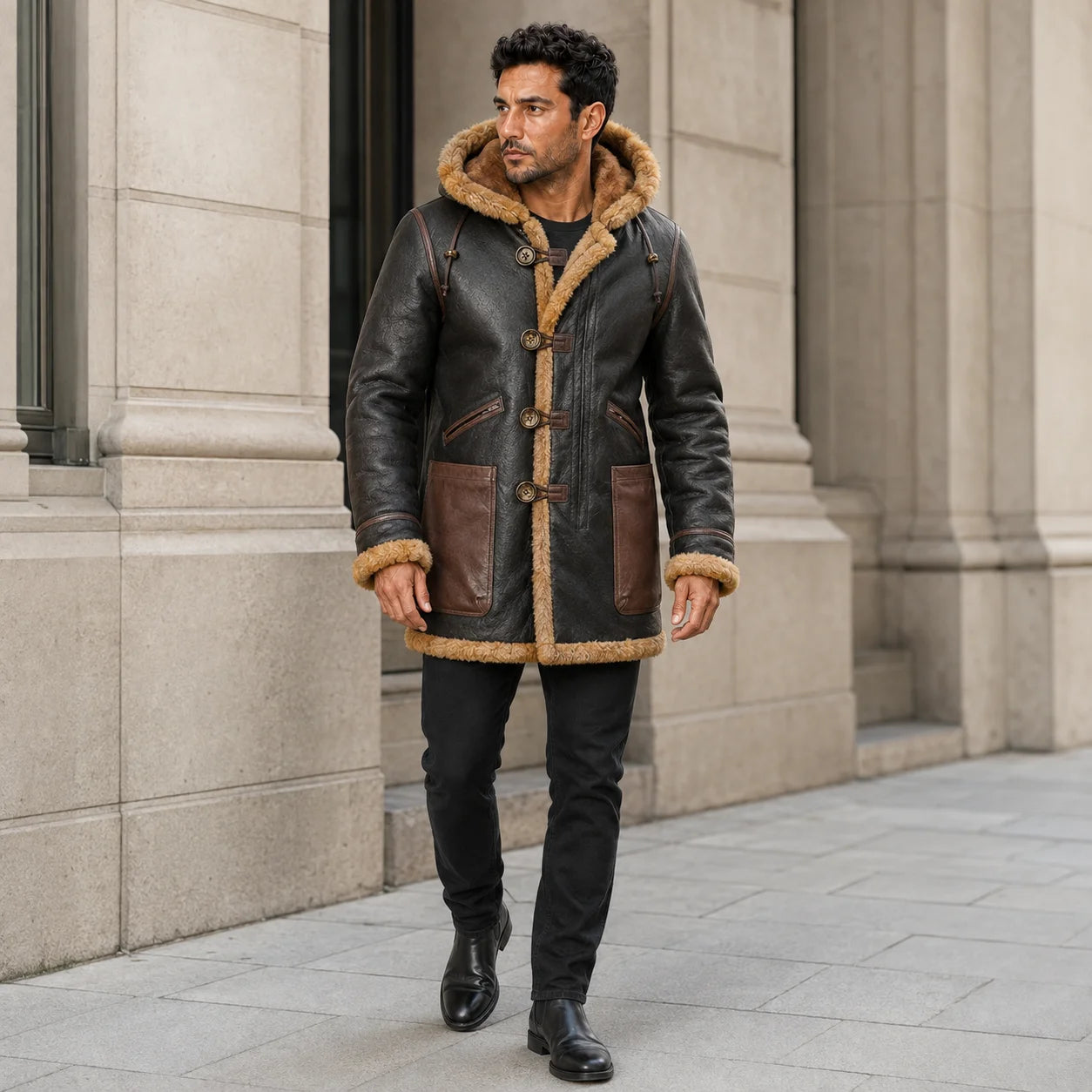 Men’s brown leather B7 flying parka styled outdoors with black trousers and boots for an aviation-inspired winter look