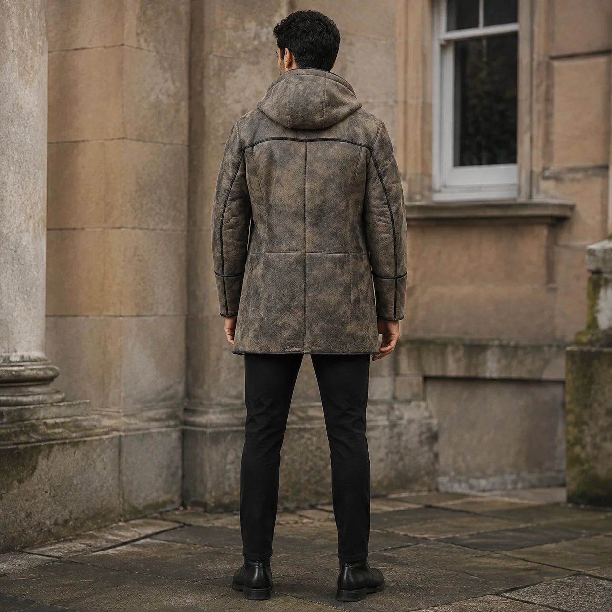 Rear outdoor view of men’s distressed brown hooded shearling coat showing longline back panels and contrast seams