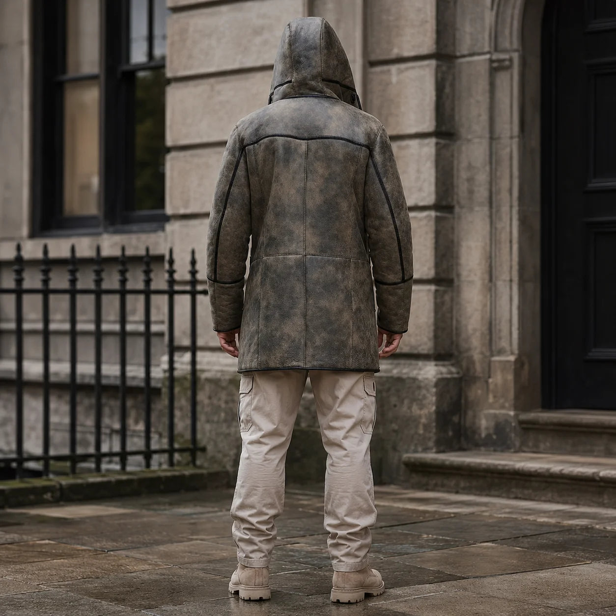 Back view of brown B7-style flying coat with hood raised, dark seam piping and below-hip winter silhouette