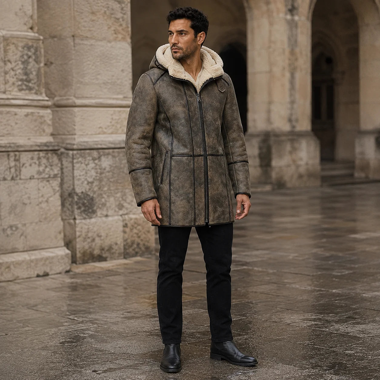 Three-quarter outdoor view of brown shearling aviator coat with cream-lined hood, front zip and slim black trousers