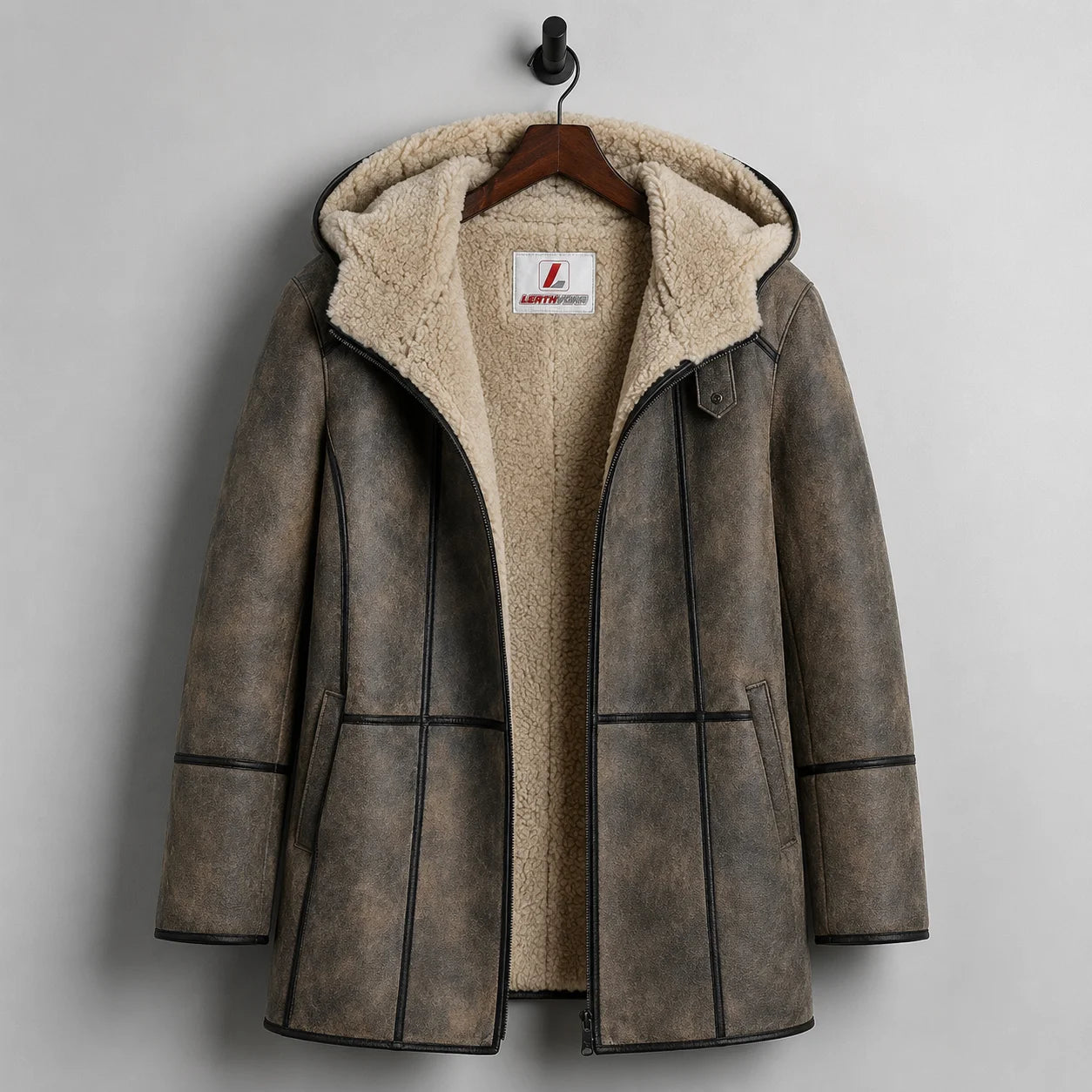 Hanging front view of hooded brown sheepskin-style coat showing cream shearling interior, black piping and pockets