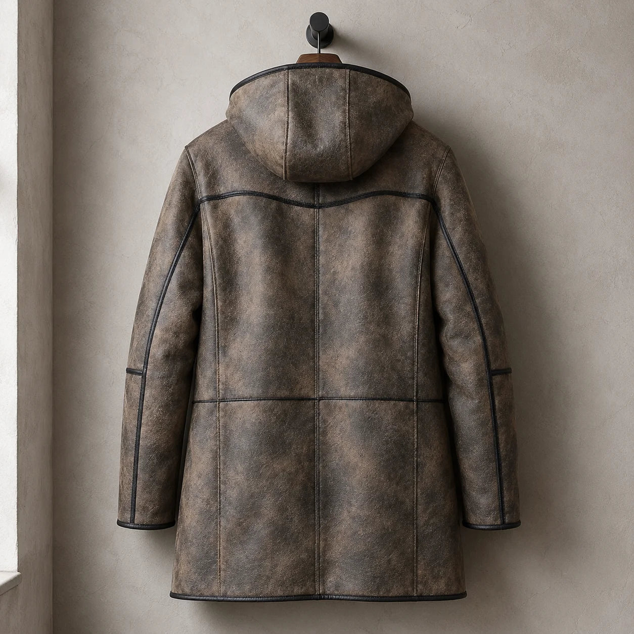 Hanging rear view of distressed brown hooded aviator coat showing centre back seam, shoulder yoke and long panels