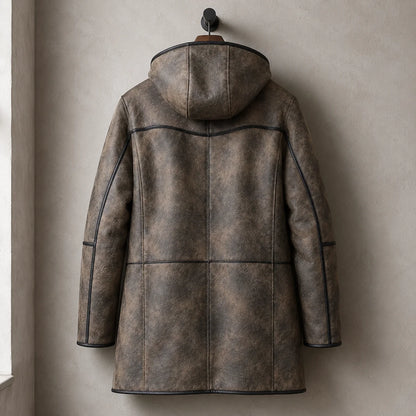 Hanging rear view of distressed brown hooded aviator coat showing centre back seam, shoulder yoke and long panels