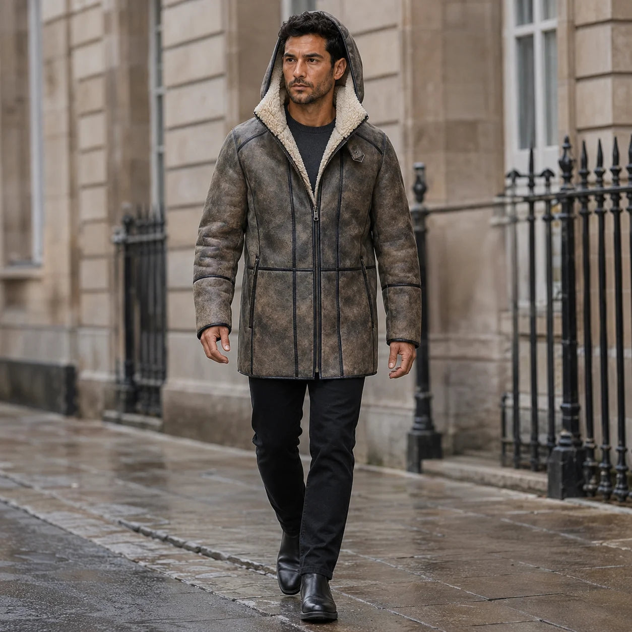 Men’s brown hooded shearling flying coat worn outdoors with hood raised, black jeans and leather boots