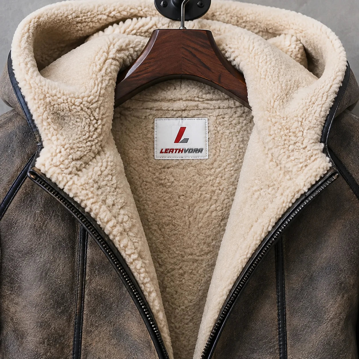 Close-up of cream shearling interior, lined hood, dark zipper, distressed brown leather and Leathvora neck label