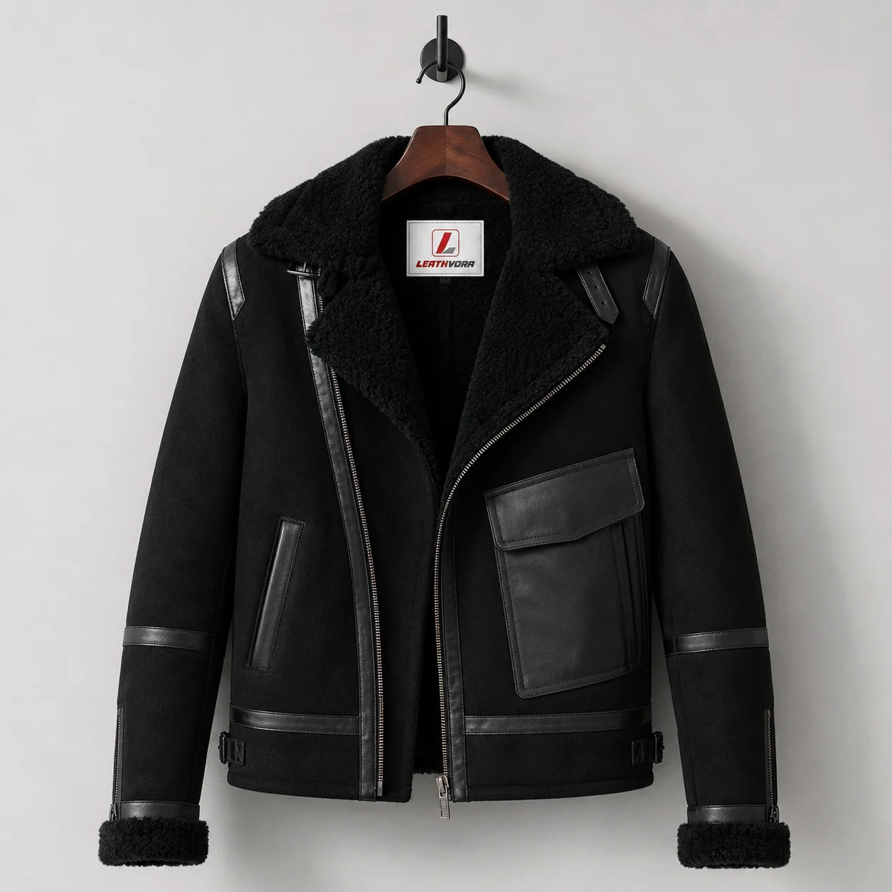 Hanging front view of black aviator jacket with plush collar, diagonal zipper and contrasting smooth trim